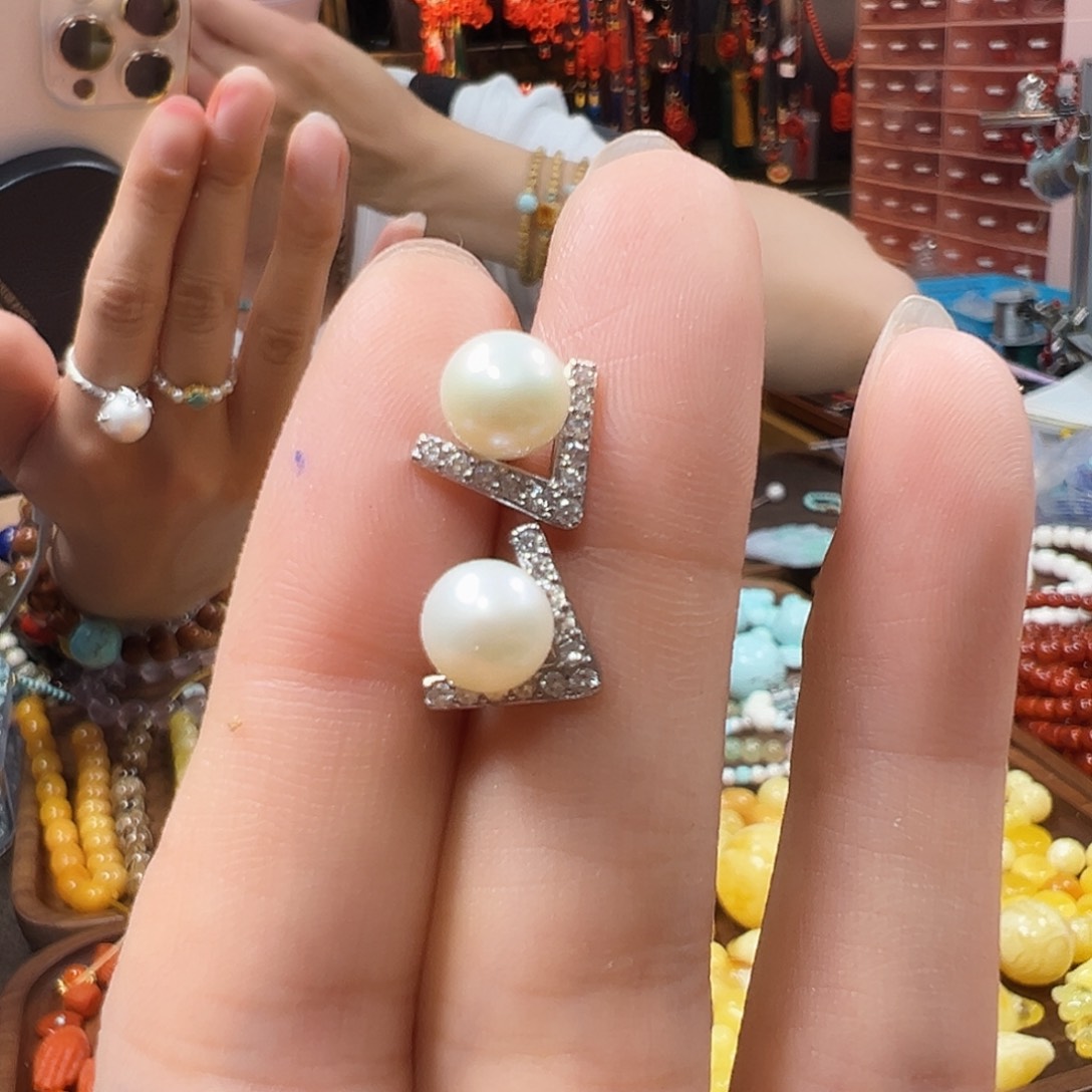 银S925镶嵌淡水珍珠耳饰耳钉钉