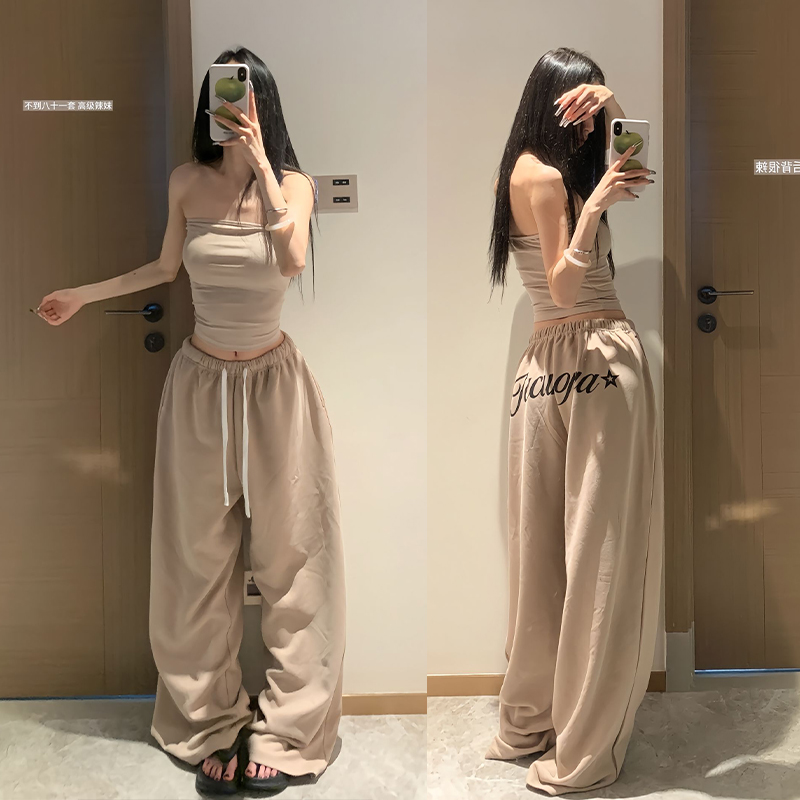 Two Million/咖色紧身抹胸背心+印花抽绳休闲长裤运动裤两件套