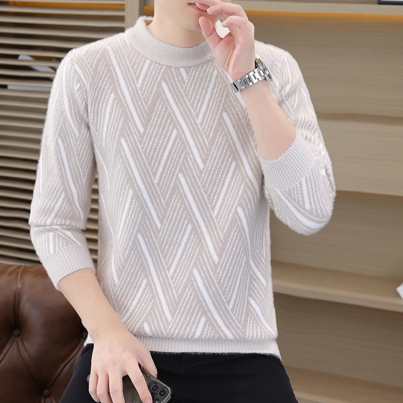 2025秋冬季水晶绒休闲宽松菱形格款毛衣男士休闲保暖针织衫9617