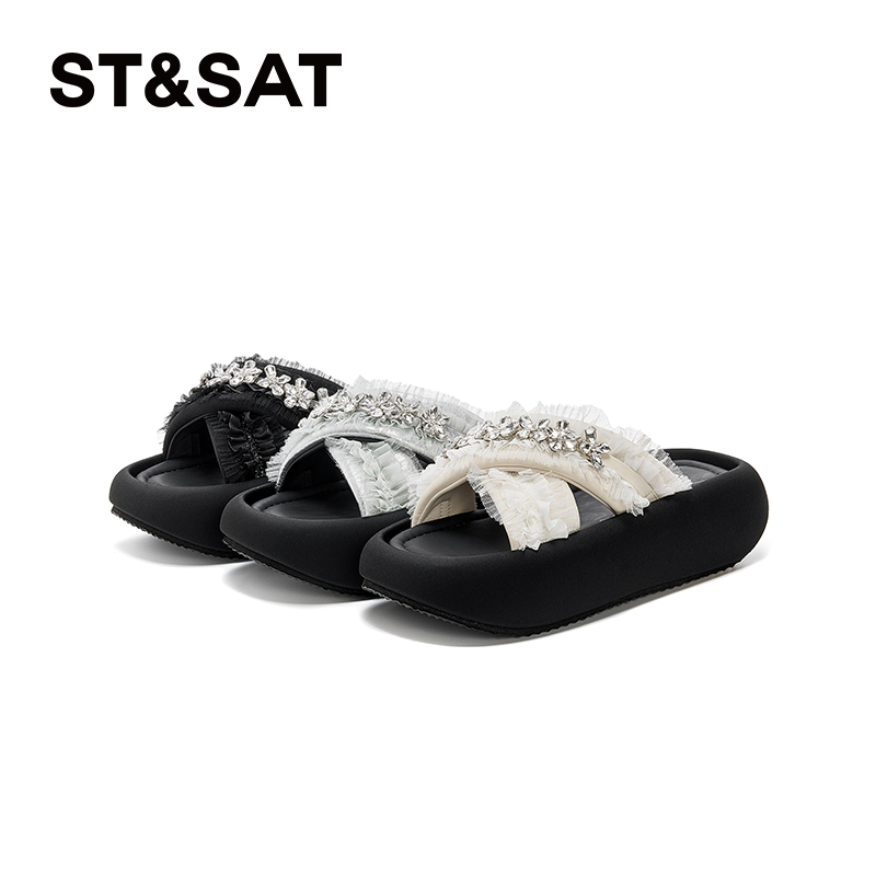 星期六植物花卉方头夏季厚底水钻一字拖时尚气质百搭海妖风