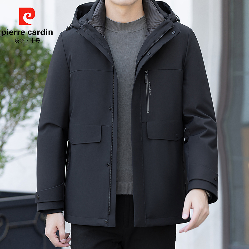 皮尔卡丹保暖纯色速暖商务鹅绒衣时尚外套防水商务加厚男装