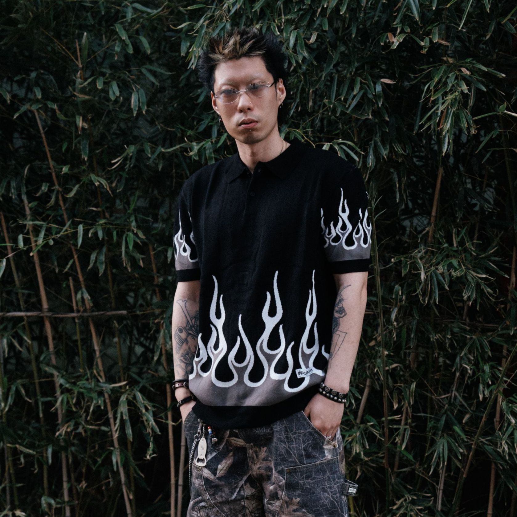 SUC群起火焰黑灰提花翻领clean fit老钱风ins针织polo短袖毛衣