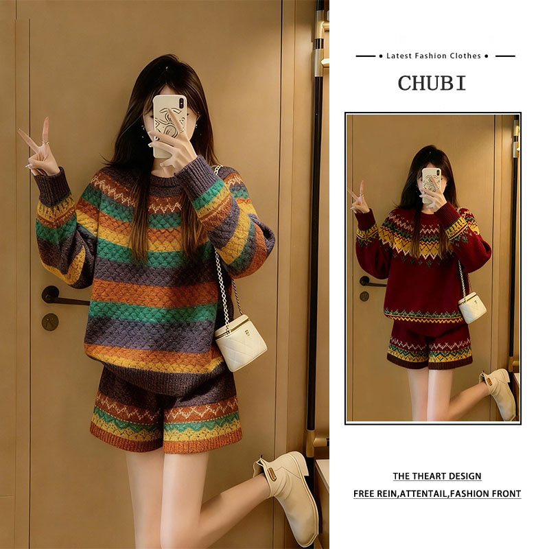 秋冬费尔岛穿搭一整套女2025新款彩色提花针织上衣显瘦短裤两件套