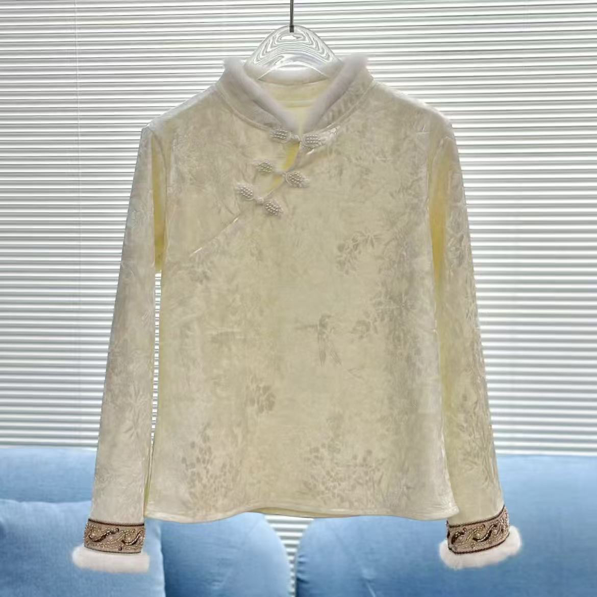 【粉貂】新中式貂毛盘扣加绒加厚秋冬中国风上衣立领打底