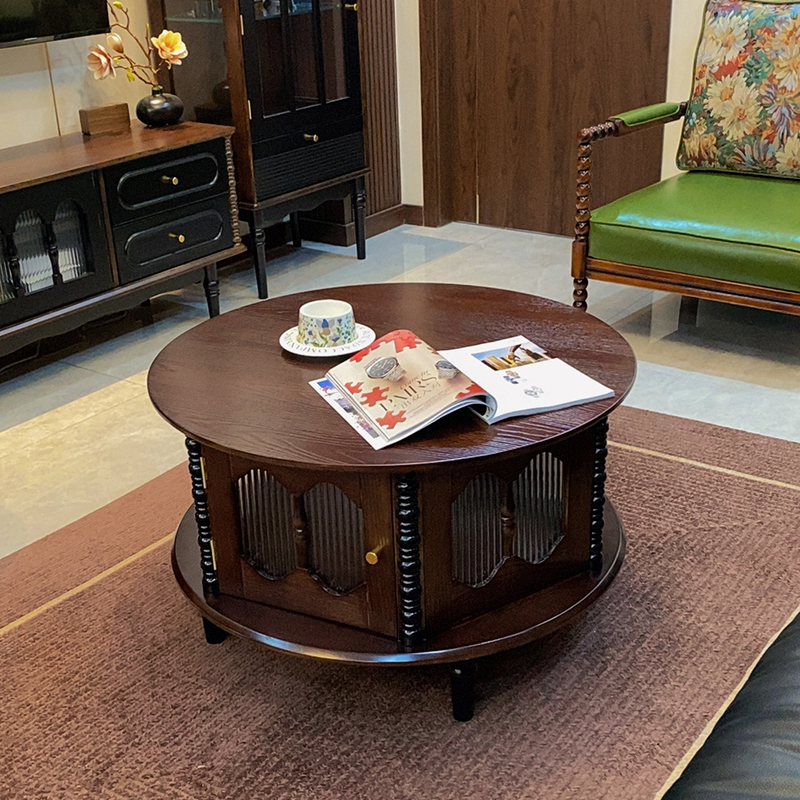 中古风圆形茶几钢化玻璃全实木复古边几小户型家用法式客厅小茶几