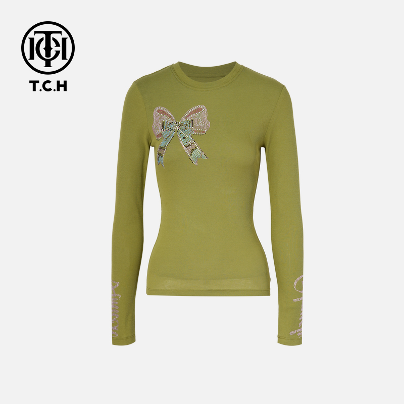 TCH私服烫钻工艺时尚休闲百搭蝴蝶结打底衫女T75C02E5015轻奢tch