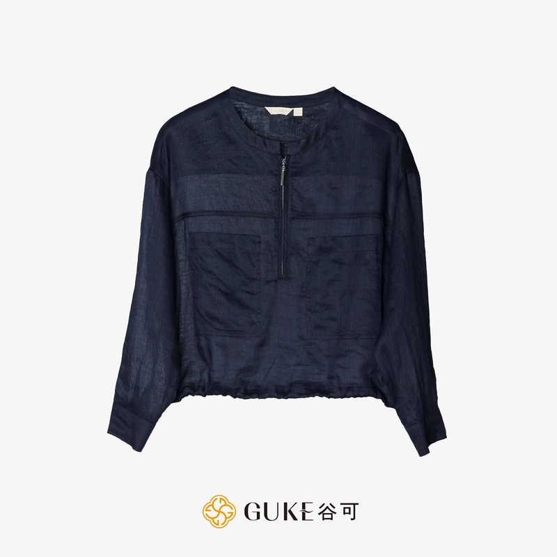 GKE/谷可C3029时尚苎麻衬衫女2025春季新品休闲圆领长袖洋气小衫