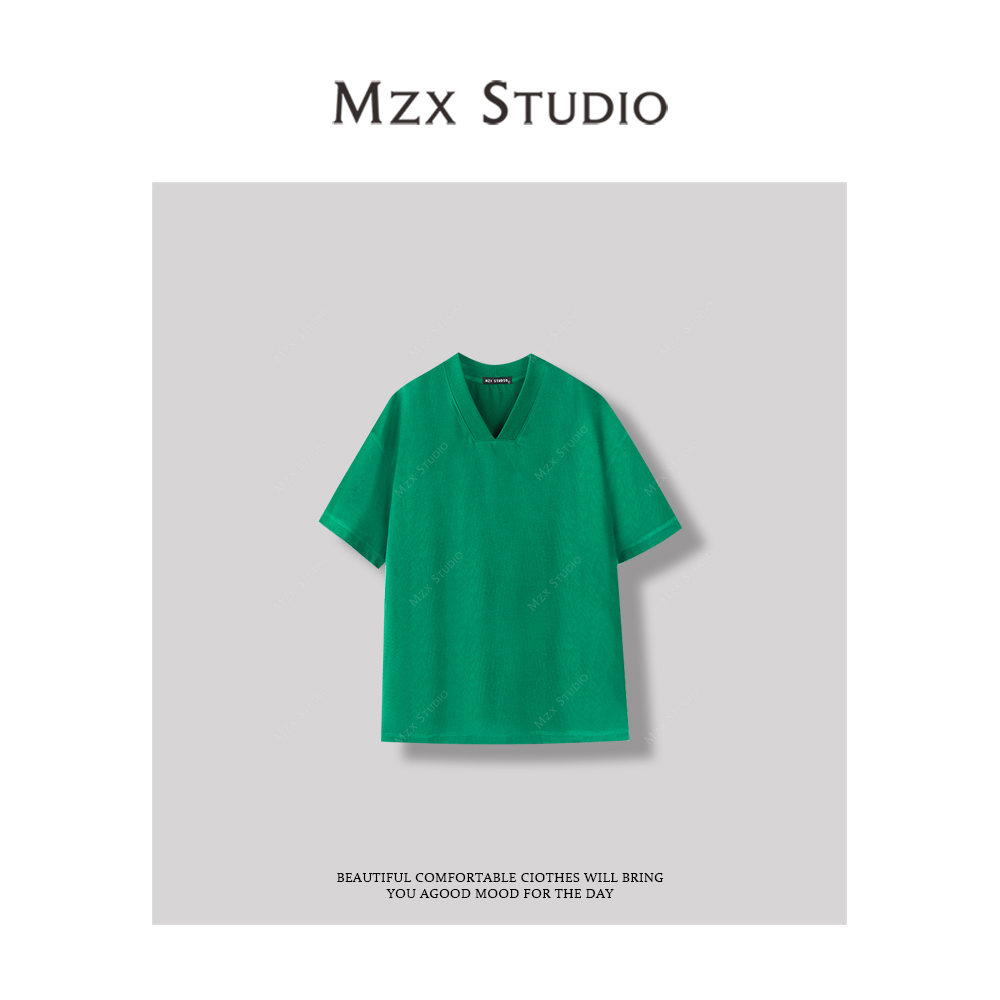 MZX 夏季V领宽松休闲绿色T恤上衣SY8019-F