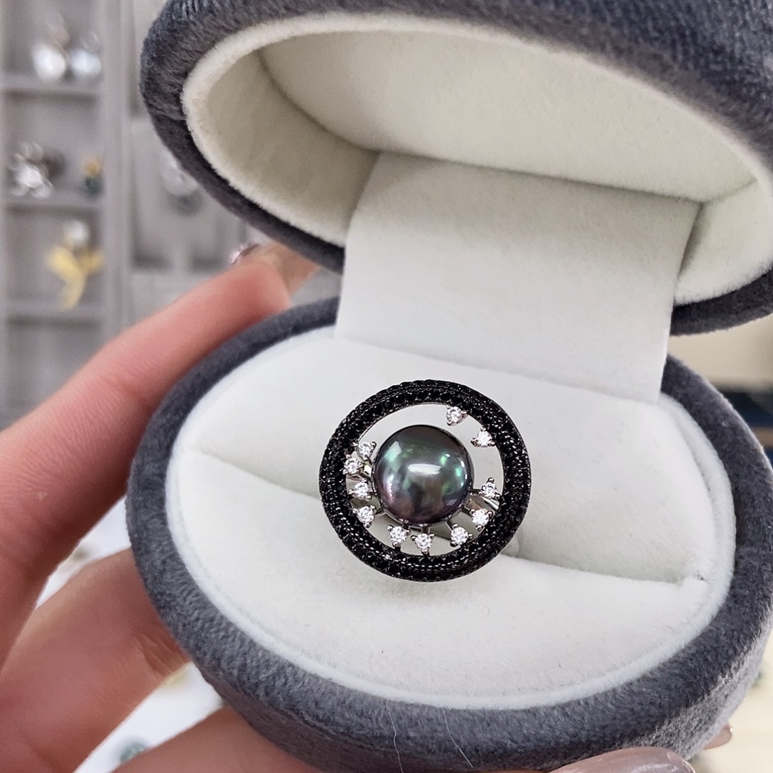 海水珍珠戒圈银S925镶嵌黑暗骑士大溪地黑珍珠戒指