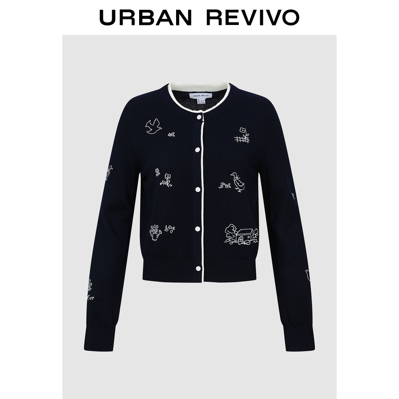 UR2025冬季新款女装休闲撞色提花罗纹短款针织开衫UYL950291