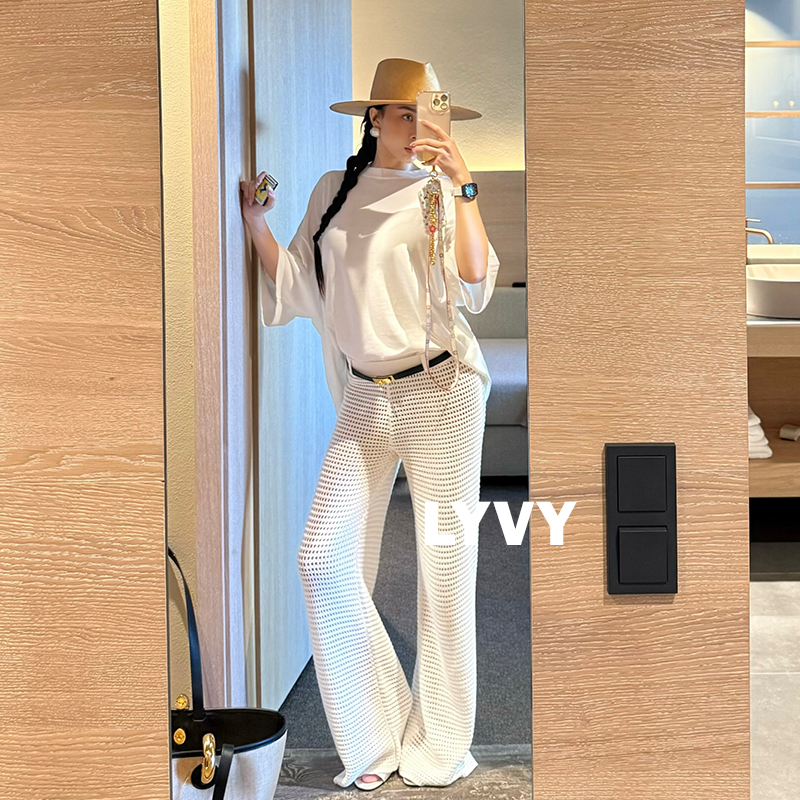 【LYVY2店-白色镂空长裤】袁伶嫣同款镂空老钱针织柔软舒适长裤直筒
