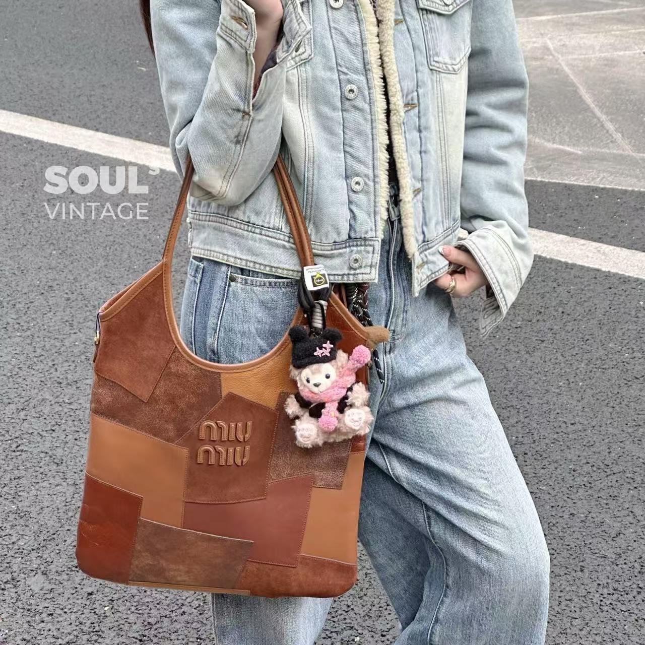 95新 MIU MIU/缪缪 Miumiu 棕色 补丁拼接ivy单肩包/667789350