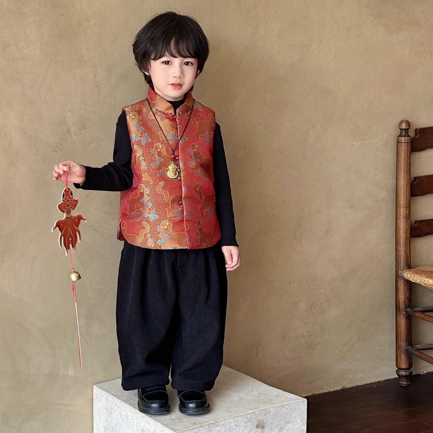 拜年服儿童马甲冬装男女童喜庆飞黄腾达夹棉唐装马甲宝宝国风马甲