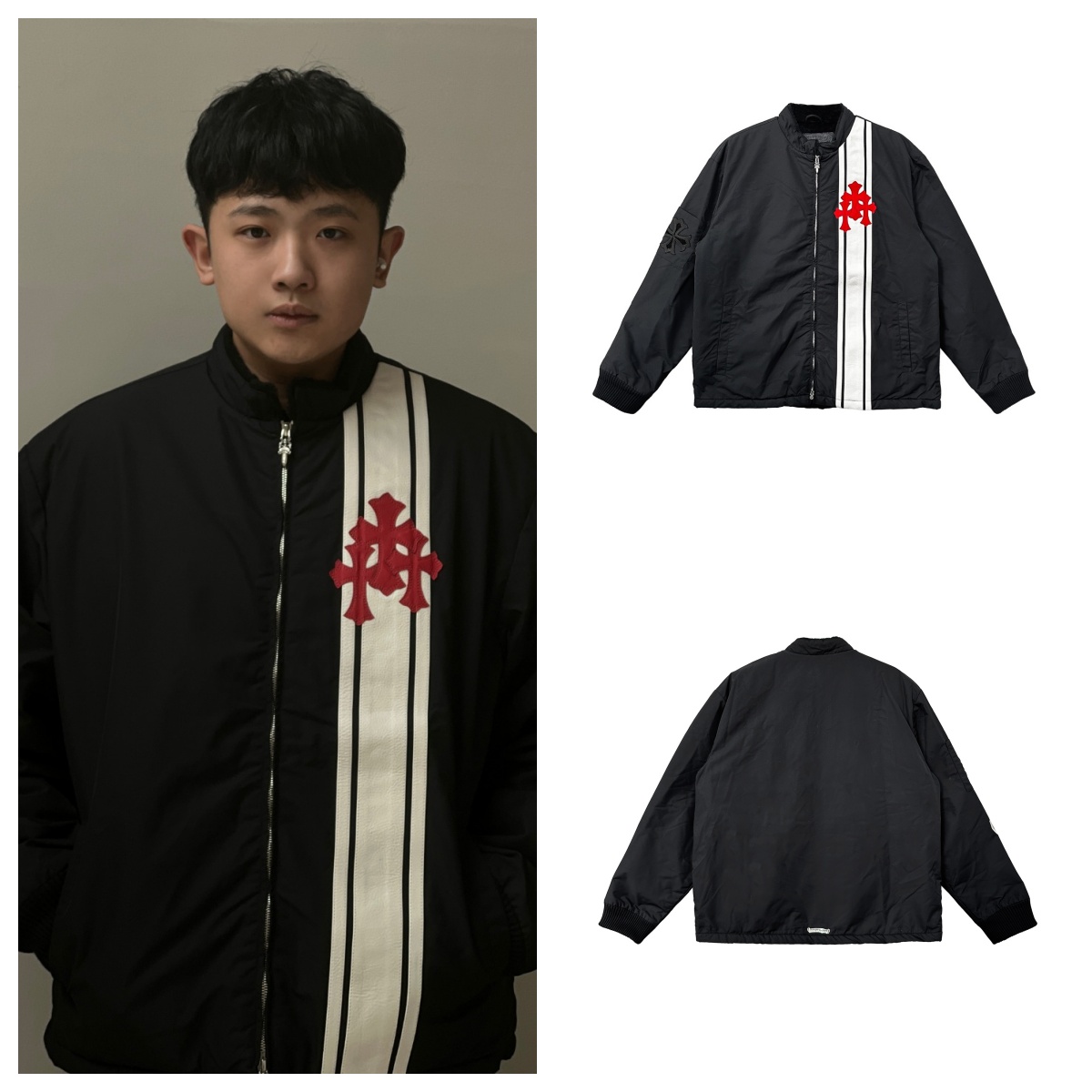 Chrome Hearts 克罗心 红十字贴皮条纹棉服夹克 外套 黑色