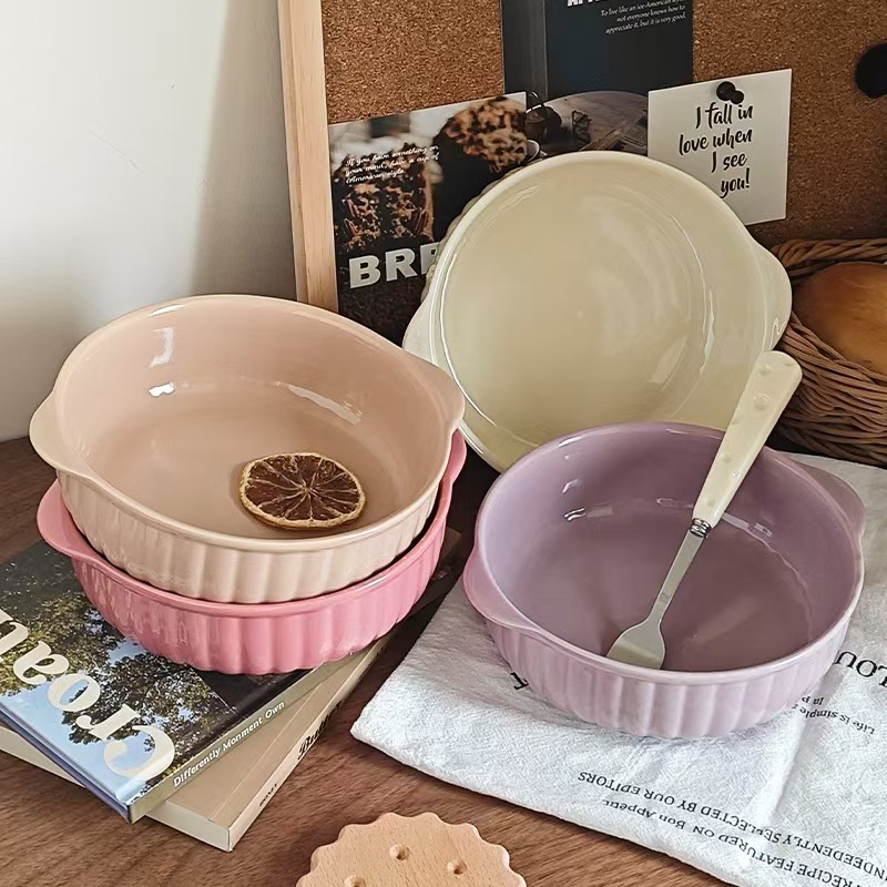 奶油风马卡龙色陶瓷双耳焗饭碗沙拉碗陶瓷釉下彩学生泡面碗烤箱