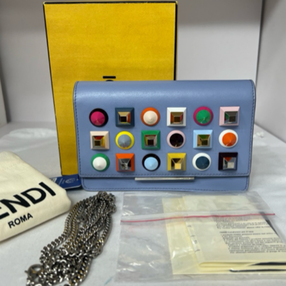 95新 FENDI/芬迪 彩色铆钉蓝色/单肩时尚女士包
