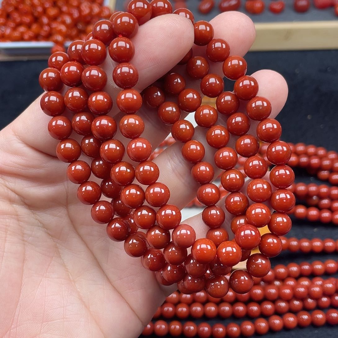 未镶嵌2号瓦西牛血红卡8圆珠108南红玛瑙