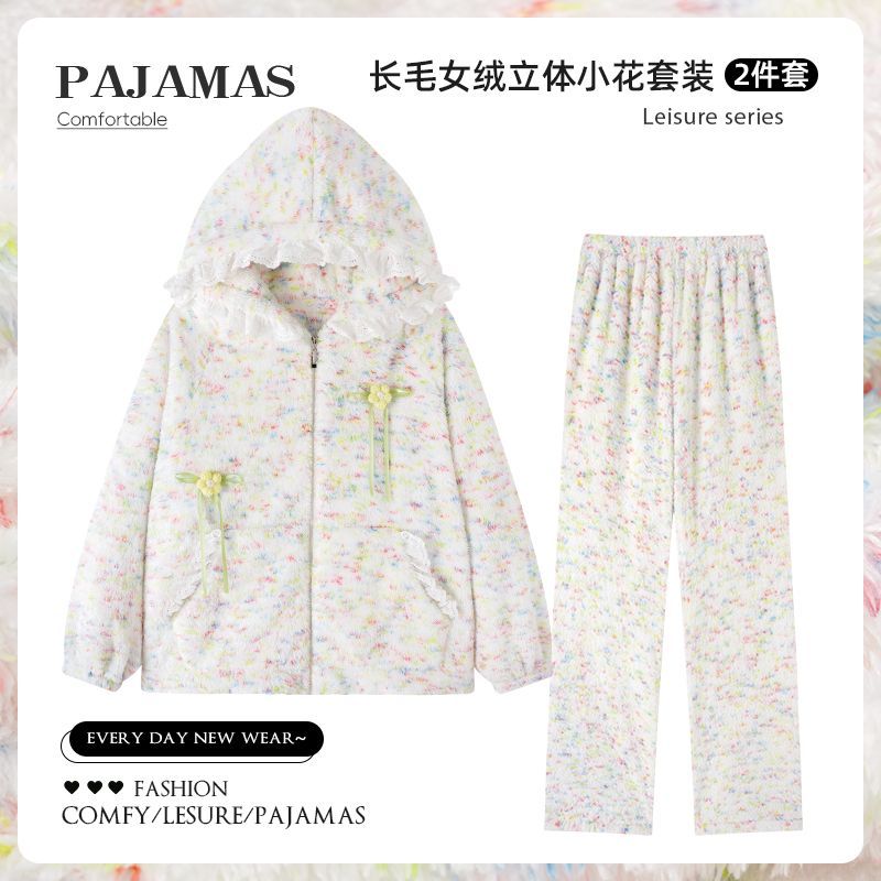 蕾丝长毛绒连帽睡衣女款卡通加绒加厚珊瑚绒保暖家居服套装可外穿