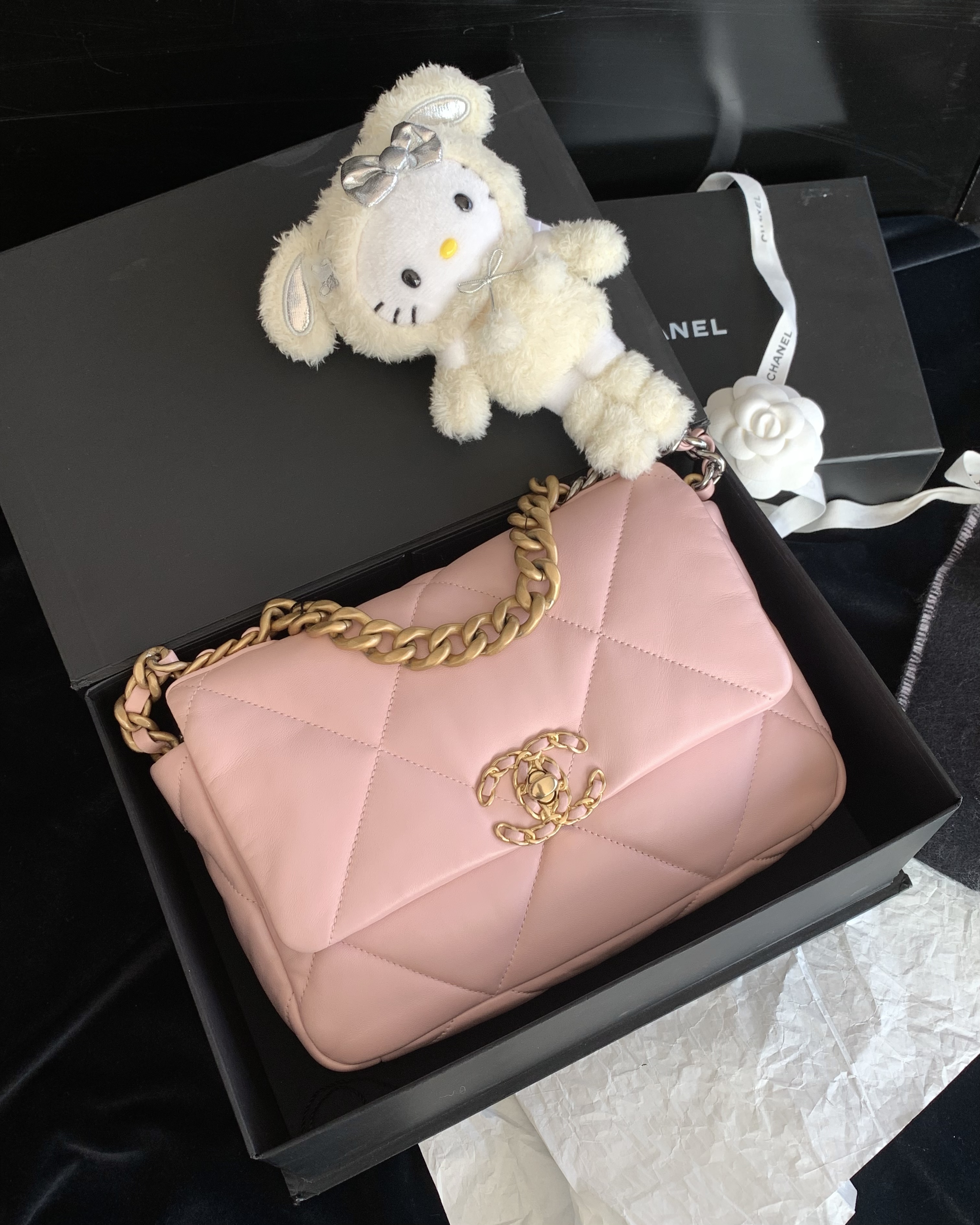 95新 Chanel/香奈儿 粉金小号19bag 芯片款 25cm 18253268 