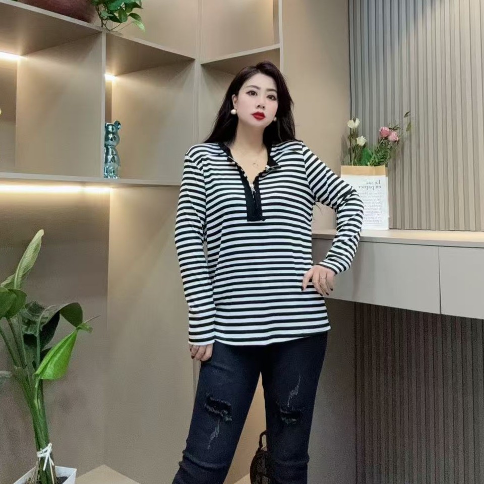 春季洋气小衫-TT 3621时尚潮流拉链条纹显瘦百搭胖MM大码女装新款