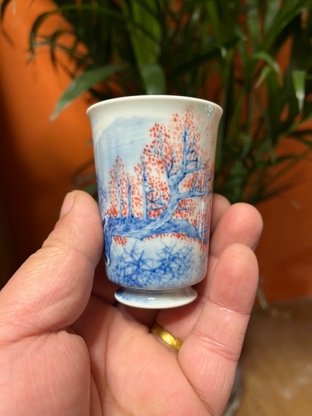 纯手工手绘釉下仿古泥青花梅花闻香杯