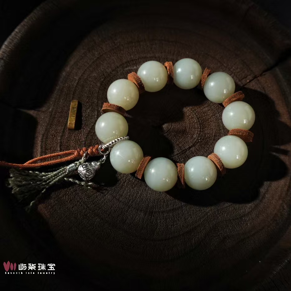 F213 和田玉银925镶嵌 且末蓝14mm圆珠片片间隔手串 防跑微小黑点