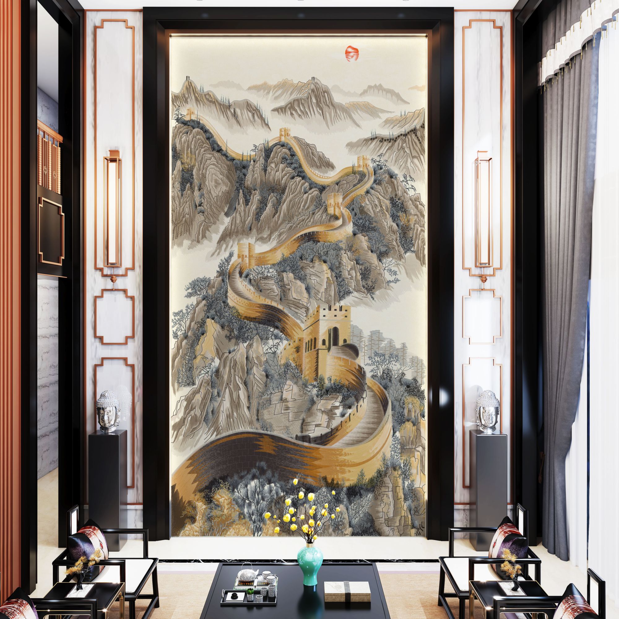 绣江南气势磅礴中式长城刺绣挑高大玄关沙发背景墙电视背景墙布  