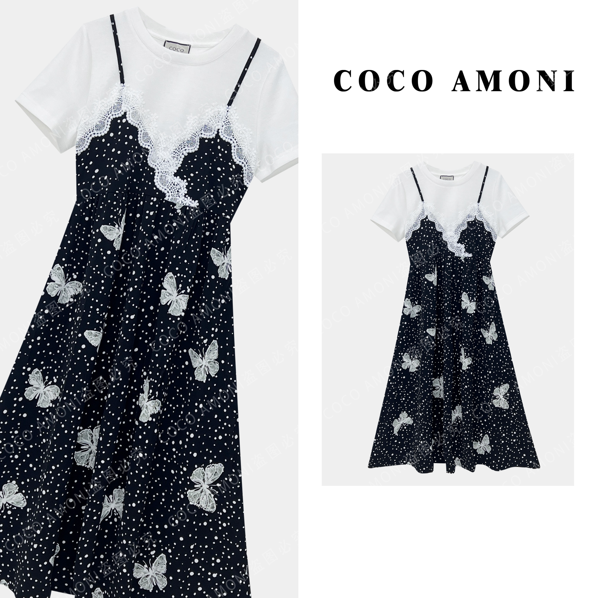 设计师新款高级感气质女装拼重工碎花假两件显瘦气质连衣裙AC720