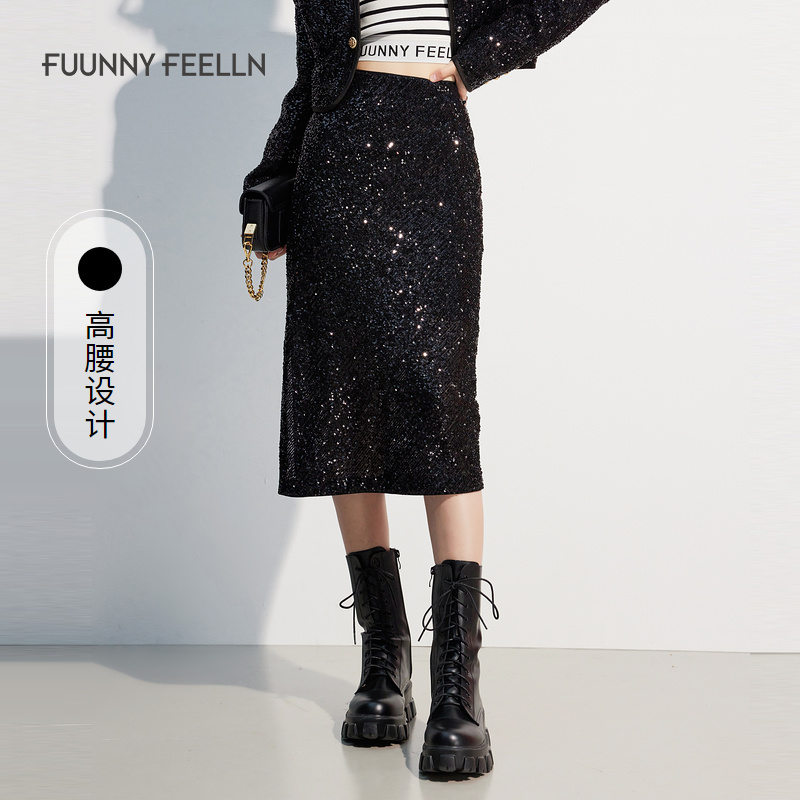 FF||佛春季半裙女黑色亮片刺绣开叉设计感FW00681