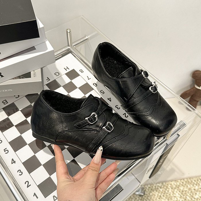 系带粗跟乐福鞋秋冬加绒一脚蹬女鞋单鞋中跟软底时尚377-55