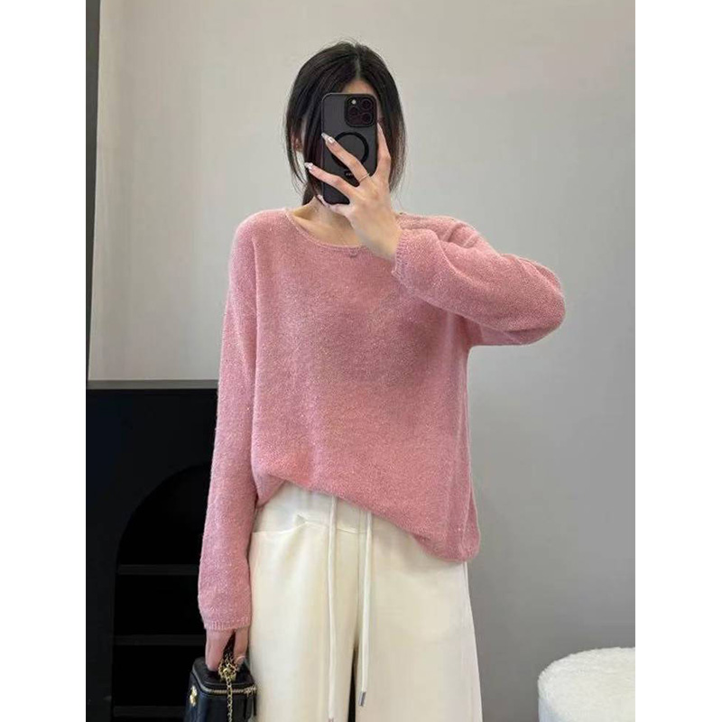 【一字领亮片粉】时尚慵懒风春装新款纯色樱花粉针织衫女