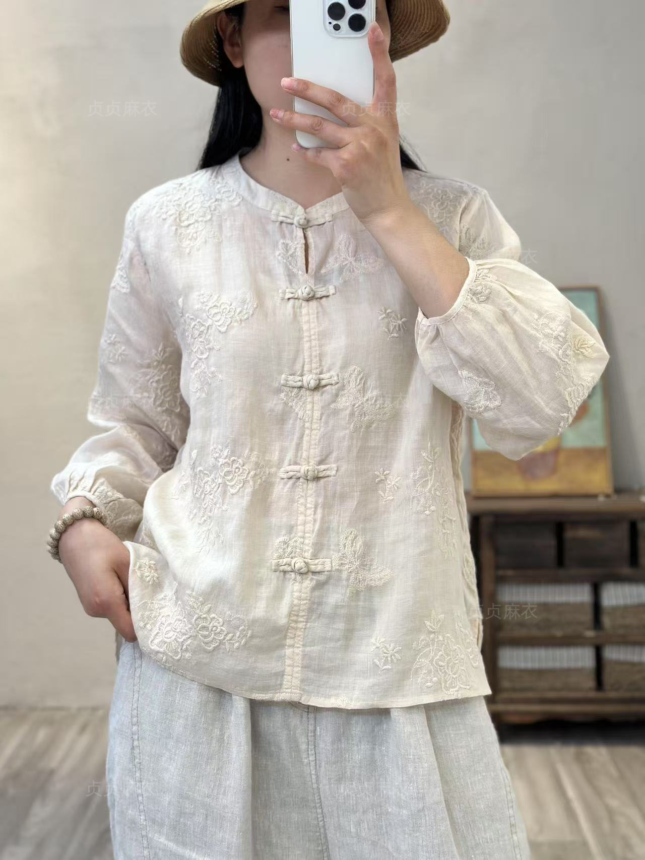 9580-复古满绣苎麻内里包边灯笼袖套头文艺女衬衫宽松百搭显瘦