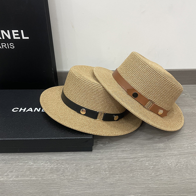tz春夏名媛日系细纸草平顶草帽女简约皮带遮阳防晒帽百搭太阳帽