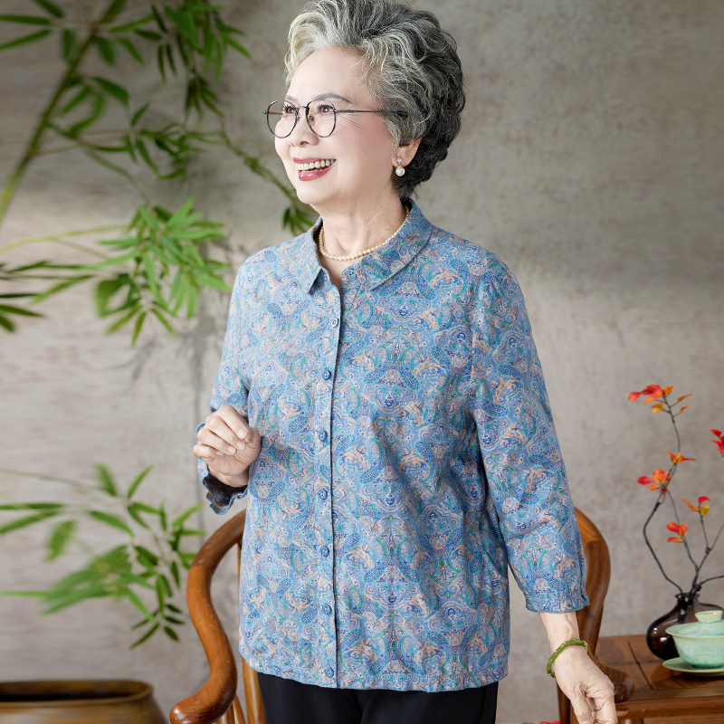 25年新款纯棉衬衫中老年人妈妈夏季宽松衬衣老太太奶奶全棉上衣服