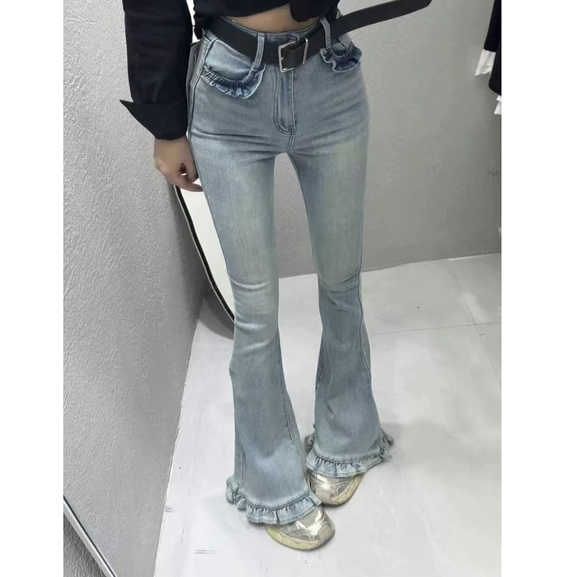 {1}秋冬修身弹力复古风格高腰显瘦微喇