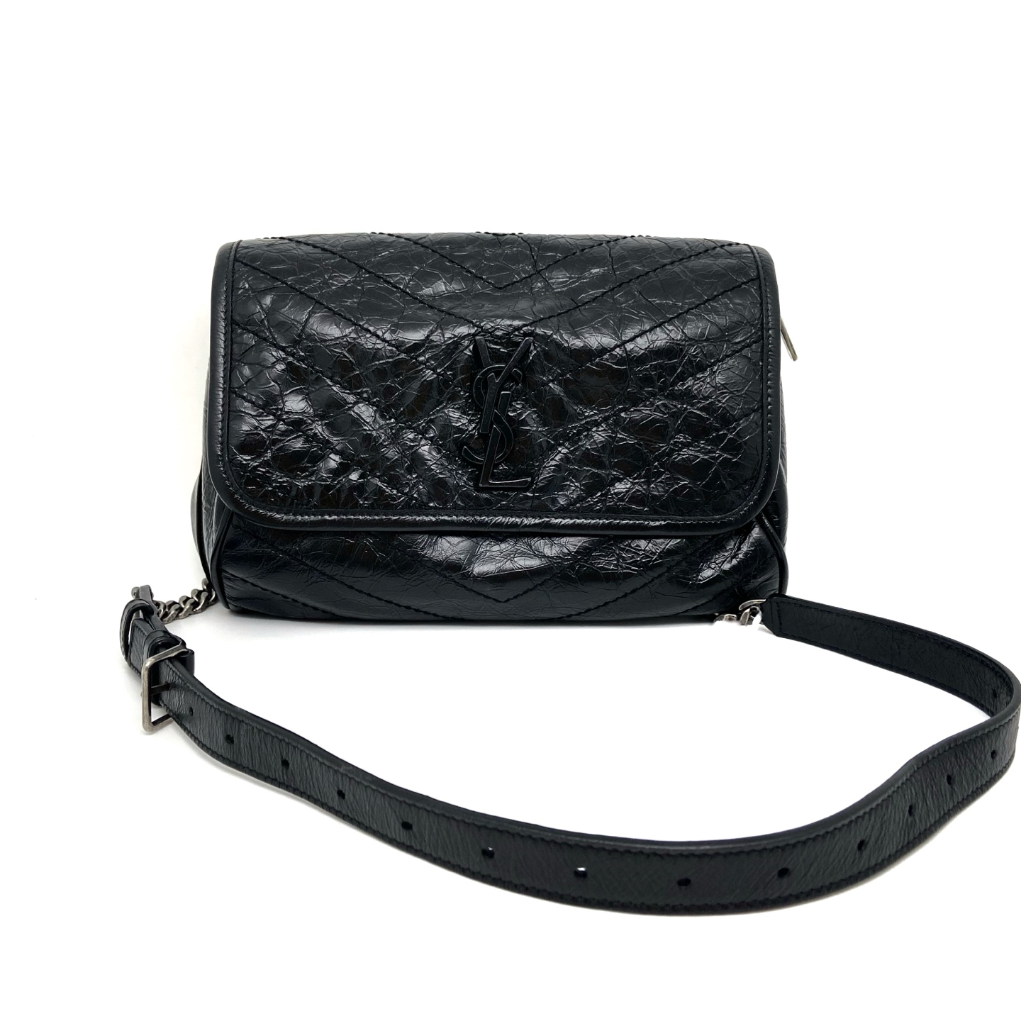 99新 YSL/圣罗兰 黑色油蜡牛皮Niki Bady腰包 挎包 胸包