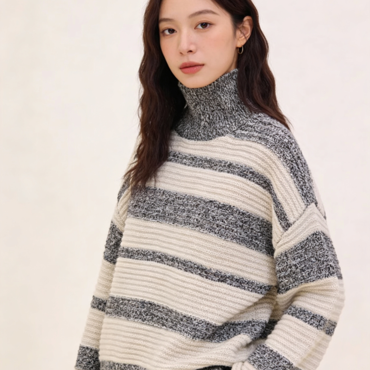 秋冬新款条纹高领宽松套头针织衫简约休闲显瘦打底毛衣6843