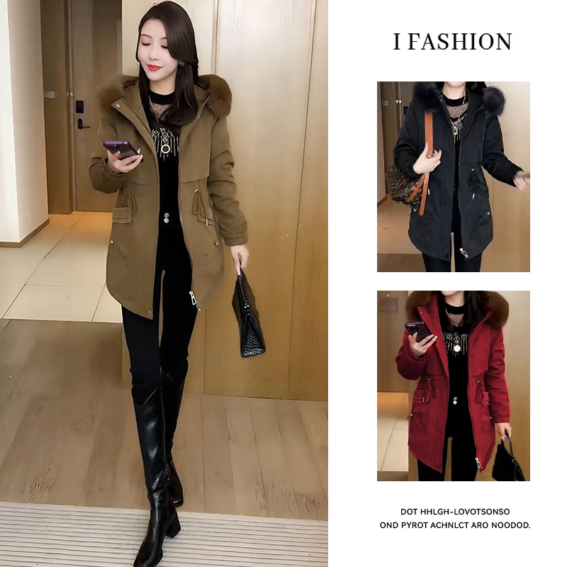 加绒加厚连帽派克服女士2025冬季妈妈保暖棉袄中长款棉衣棉服外套