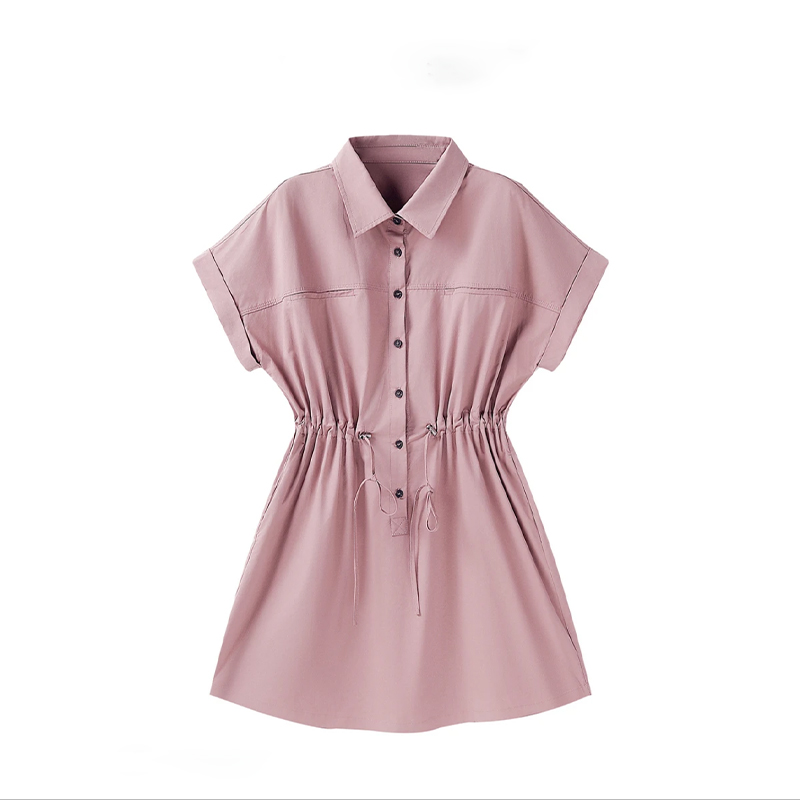 （女装）9196 夏季休闲时尚洋气新款短袖显瘦抽绳收腰衬衫连衣裙