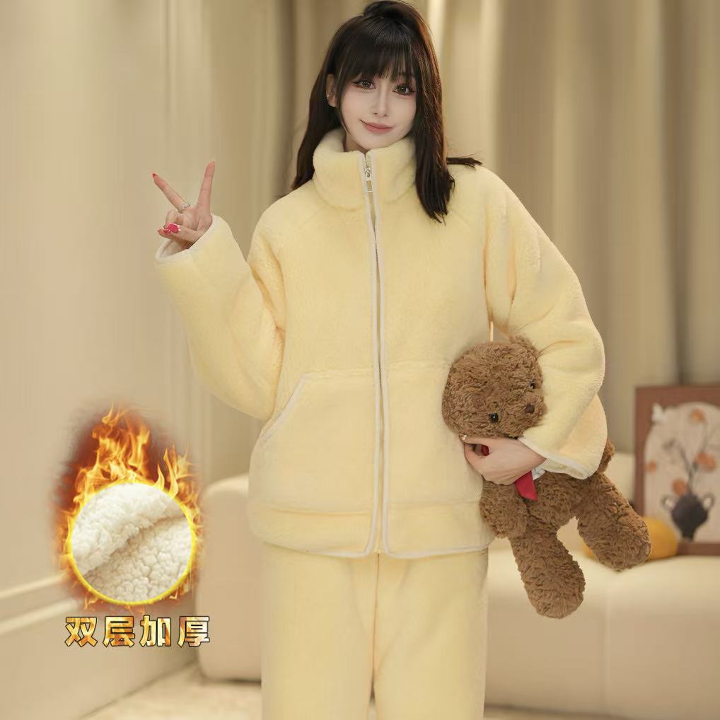 【双层加绒】女冬季双层加绒加厚睡衣套装宽松休闲保暖家居服