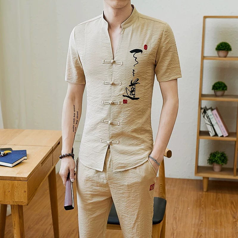 夏季男士复古新中式中国风时尚套装短袖立领刺绣两件套薄款