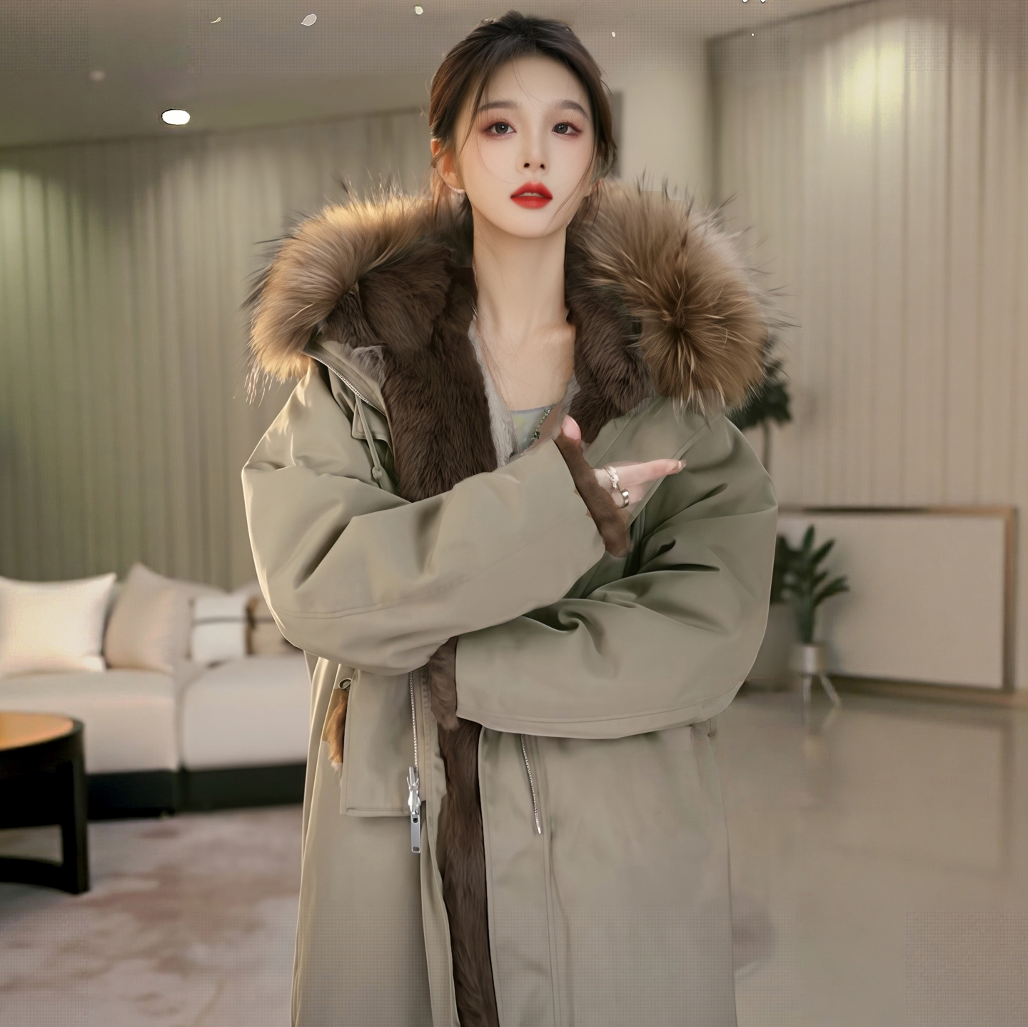 2025新款派克服女中长款冬季宽松休闲两面穿时尚皮草外套大衣连帽