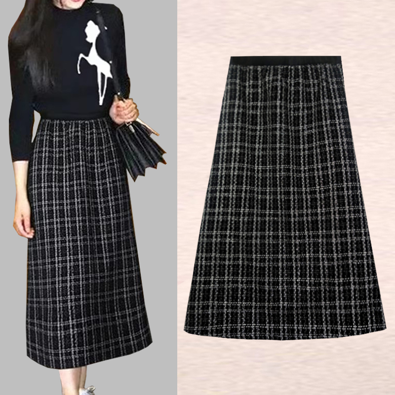 秋冬季新款加绒加厚高腰长款大码A字裙小鹿毛衣配半身裙套装裙子