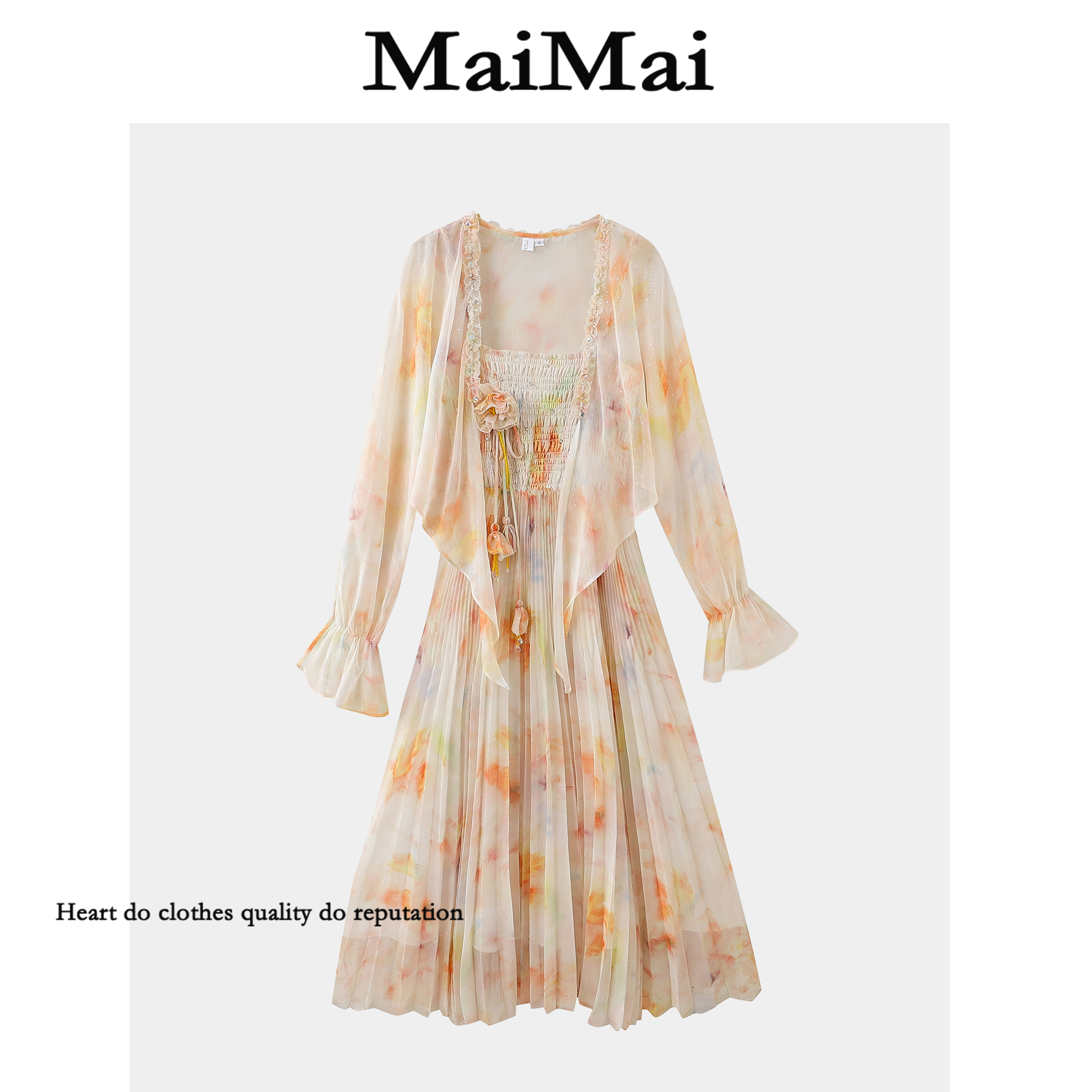 【铃兰花仙子】Mai Mai◆橘色吊带连衣裙印花抽褶袖子轻奢套装女