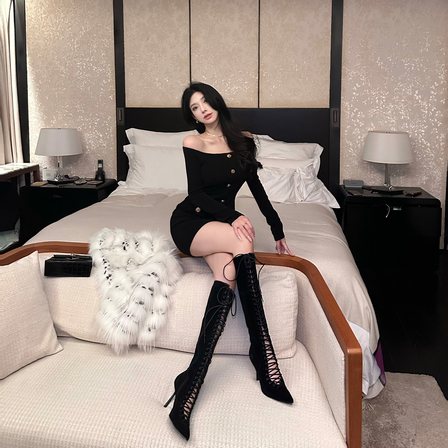 SX善喜欧美风牛猄牛皮镂空性感绑带长靴8cm尖头细高跟靴子时装靴