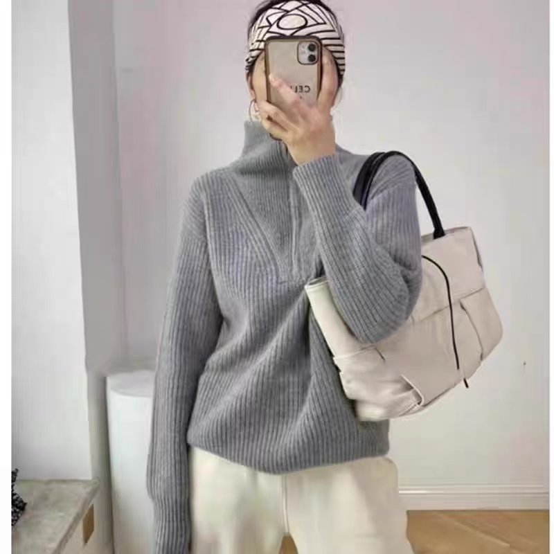 【运费补贴】斜条纹浅灰色立领单排扣针织衫毛衣纯色冬季女