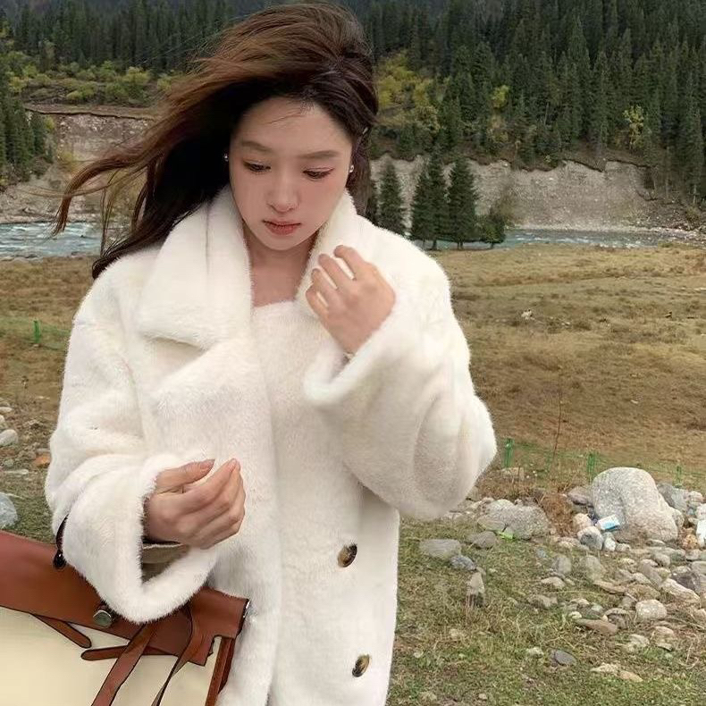 80长西服领冬新款大衣加绒加厚宽松保暖气质时尚环保毛毛外套女装