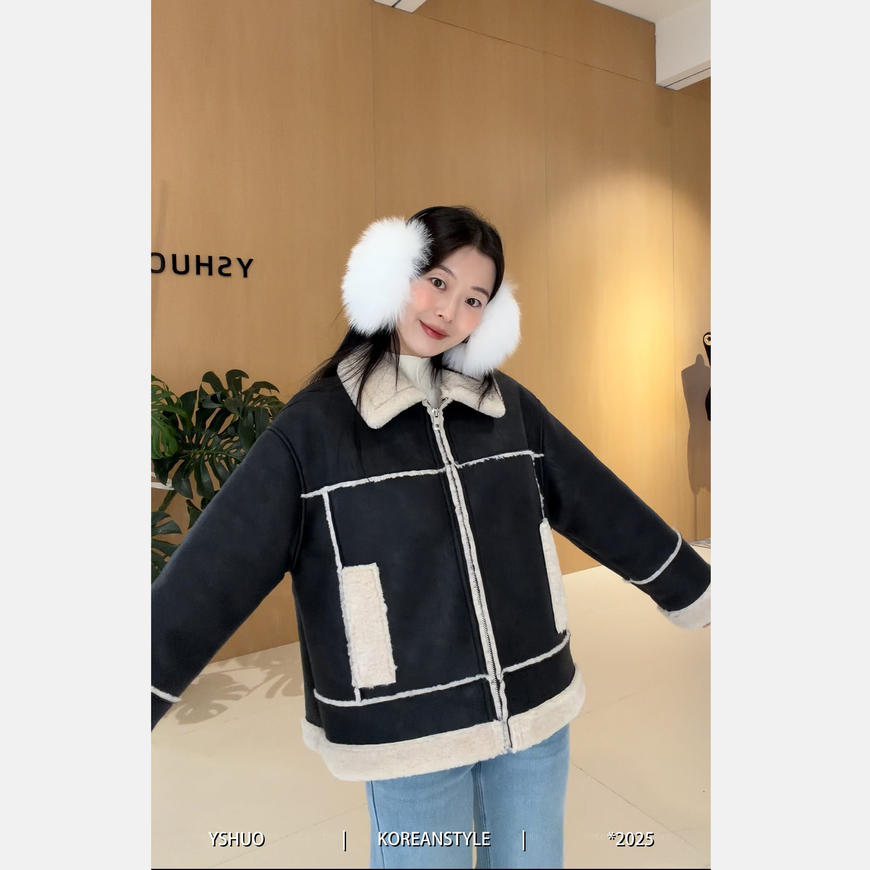 【摩登回响】复古翻领撞色休闲宽松内里加厚毛毛保暖外套9871