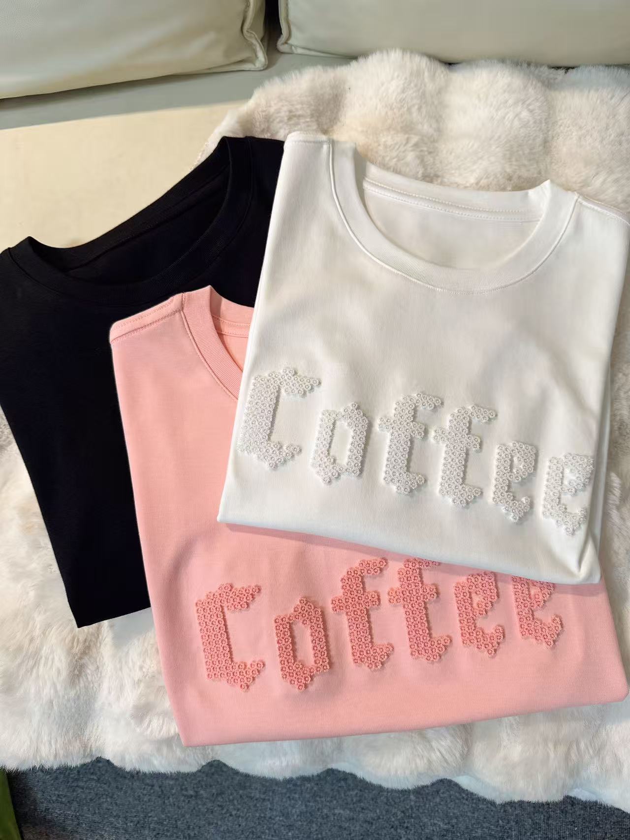 YIYI Studios【coffee牙刷珠片绣】2025新品 简约显瘦基础款短袖