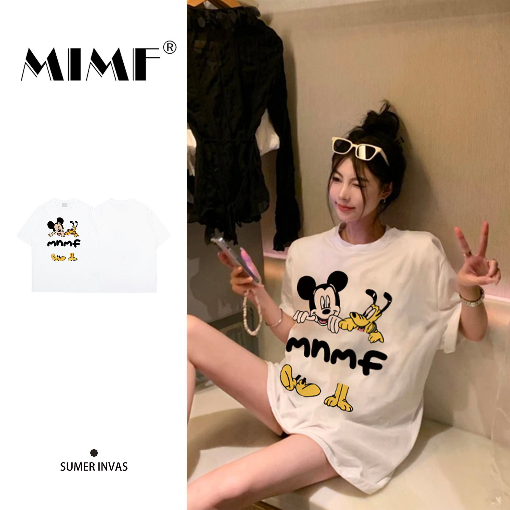 mnmf米奇卡通印花重磅纯棉港风oversize圆领上衣夏季小众短袖T恤